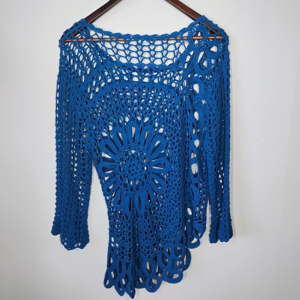 Tempo Paris Asymmetrical Open Knit Top Womens Medium Blue Crochet Boho Lagenlook - Picture 4 of 10